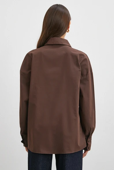 Düğme Detaylı Pamuklu Gömlek Kahve - Resim 6