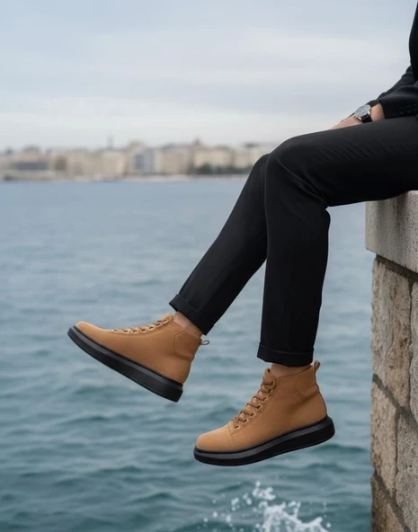 Bağcıklı Yüksek Taba Süet Siyah Taban Erkek Tarz Spor Bot - Resim 3