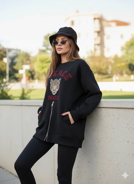 Fermuarlı Leopar Baskılı Oversize Siyah Sweat - Resim 5