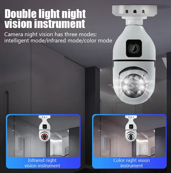 Smart Çift Lensli IP Ampul Kamera Hareketli Gece Görüşlü Ses Kayıtlı Wi-Fi Güvenlik Kamerası 4MP 360 Derece Full HD Duy Girişli ürün görseli