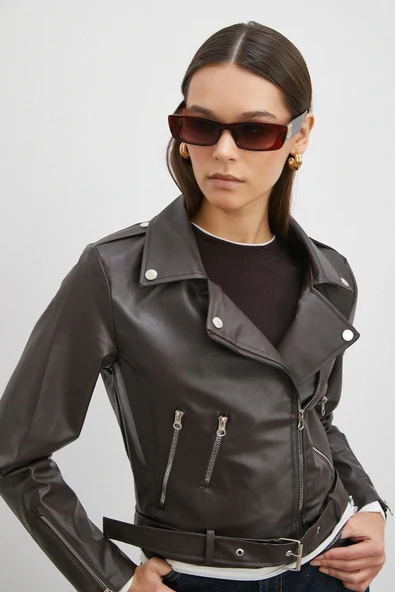 Beli Kemerli Fermuarlı Deri Ceket Kahve ürün görseli