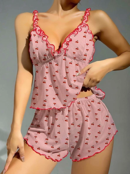 Kadın Pembe Kiraz Desenli Fırfırlı Şortlu Gecelik Takım 5102 - Resim 2