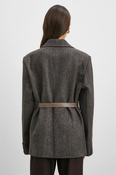 Çizgi Detaylı Kemerli Kaşe Ceket Kahve - Resim 6