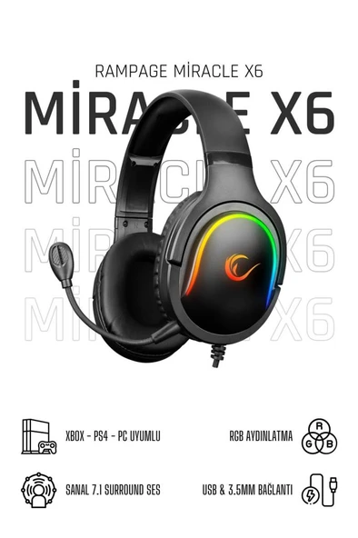Rampage Miracle-X6 RGB USB Kablolu Kulak Üstü Oyuncu Kulaklığı Teşhir ürün görseli 1