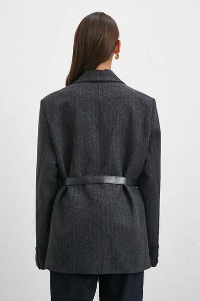 Çizgi Detaylı Kemerli Kaşe Ceket Siyah - Resim 6