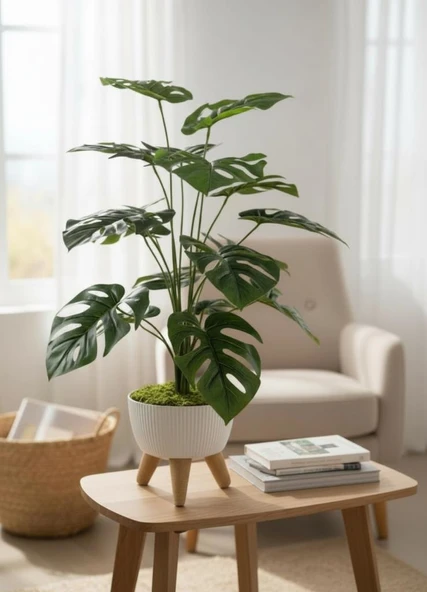 Yapay Çiçek Salon Bitkisi Monstera 70cm 18 Yaprak Beyaz Zigon Saksıda ürün görseli 1