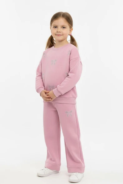 Kız Çocuk Taş İşlemeli Fiyonk Baskılı-2 İplik-Alt-Üst Takım-5-12 Yaş 12438 - Resim 2