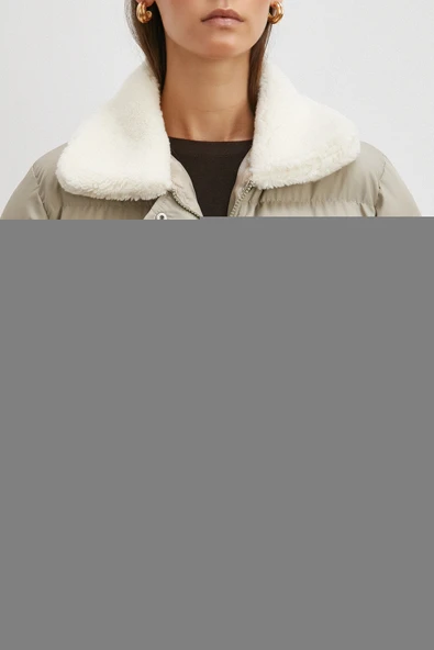 Kürk Yakalı Şişme Mont Bej - Resim 5