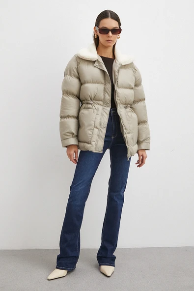 Kürk Yakalı Şişme Mont Bej - Resim 2