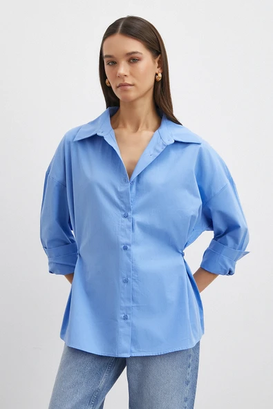 Düğme Detaylı Pamuklu Gömlek Mavi - Resim 3