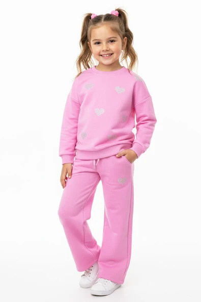 Kız Çocuk Taş Kalp Baskılı-2 İplik-Alt-Üst Takım-5-12 Yaş 12437 - Resim 2