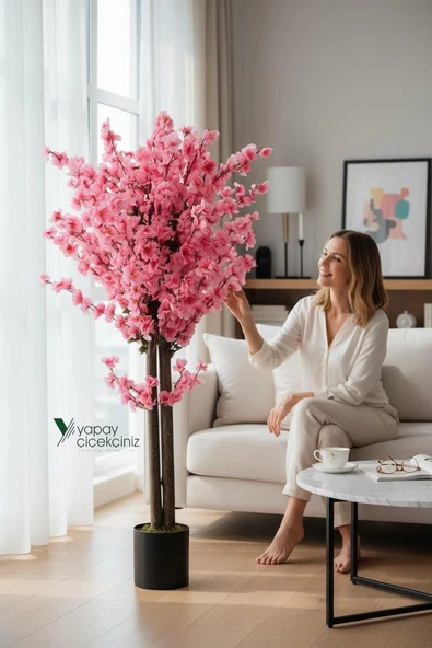 120 cm Yoğun Yapraklı Pembe Yapay Japon Bahardalı Ağacı - Resim 2