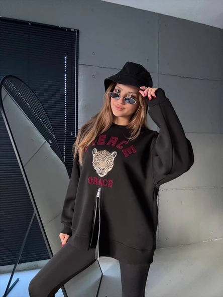 Fermuarlı Leopar Baskılı Oversize Siyah Sweat ürün görseli 1