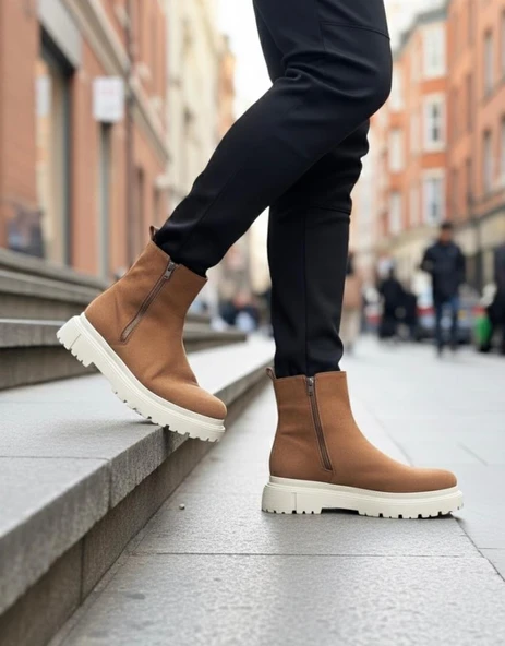 Süet Taba Krem Taban Çift Fermuarlı Erkek Yarım Bilek Bot ürün görseli