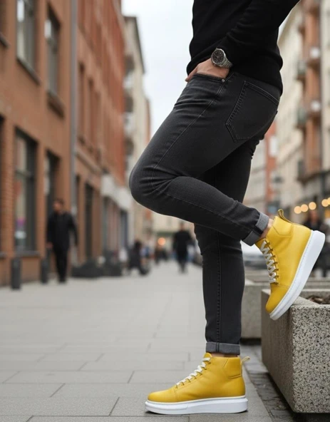 Bağcıklı Sarı Yüksek Taban Erkek Tarz Spor Bot - Resim 3