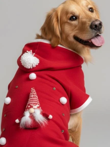 Noel Cücesi Kırmızı Yılbaşı Köpek Kıyafeti | Noel Baba Kapüşonlu Polar Sweatshirt | Orta ve Büyük Irklar İçin ürün görseli