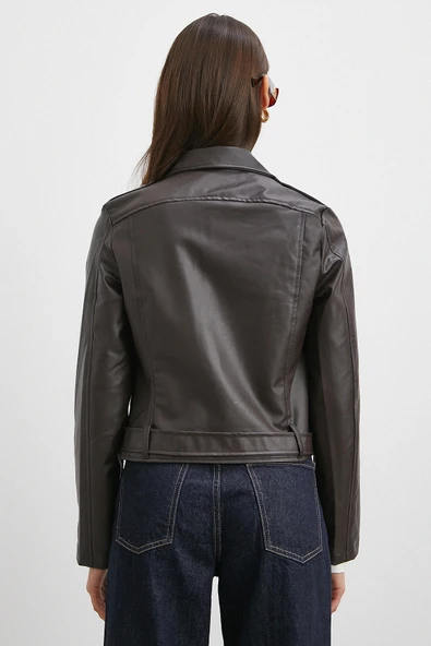 Beli Kemerli Fermuarlı Deri Ceket Kahve - Resim 6