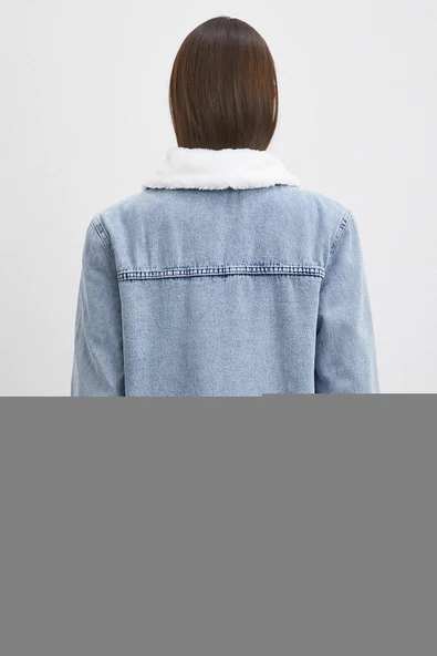 Beyaz Kemer Detaylı Kürklü Kot Mont Mavi - Resim 6