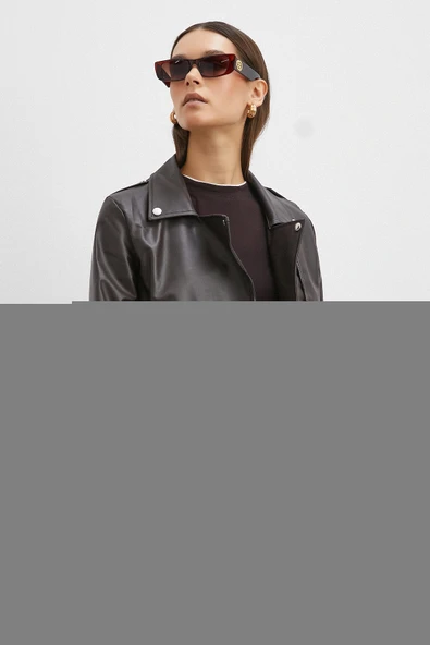 Beli Kemerli Fermuarlı Deri Ceket Kahve - Resim 3