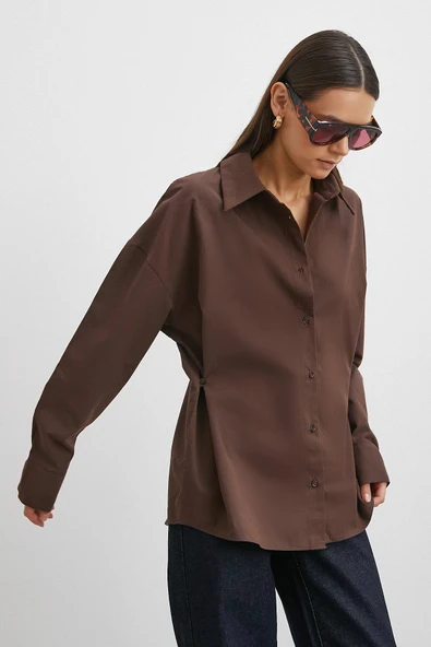 Düğme Detaylı Pamuklu Gömlek Kahve ürün görseli 1