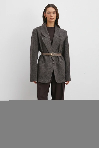 Çizgi Detaylı Kemerli Kaşe Ceket Kahve - Resim 2