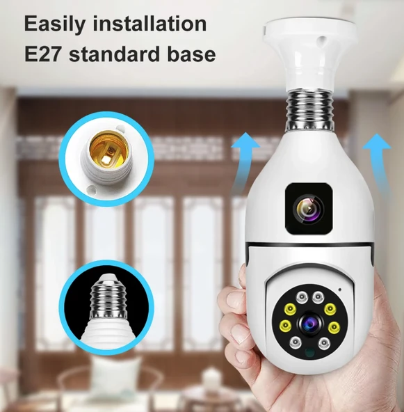 Smart Çift Lensli IP Ampul Kamera Hareketli Gece Görüşlü Ses Kayıtlı Wi-Fi Güvenlik Kamerası 4MP 360 Derece Full HD Duy Girişli - Resim 3