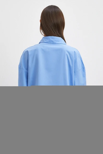 Düğme Detaylı Pamuklu Gömlek Mavi - Resim 6