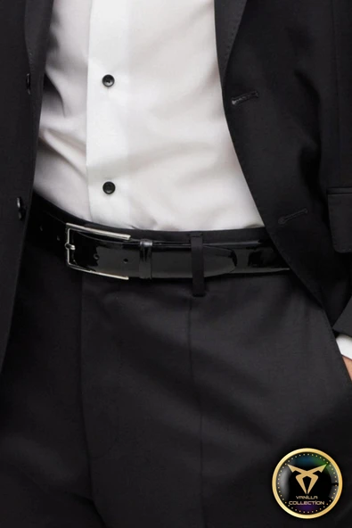 Rugan Vegan Deri Kemer Gümüş Metal Tokalı İnce Model Parlak Siyah - Resim 4