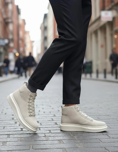 Bağcıklı Süet Bej Yüksek Taban Erkek Tarz Spor Bot ürün görseli