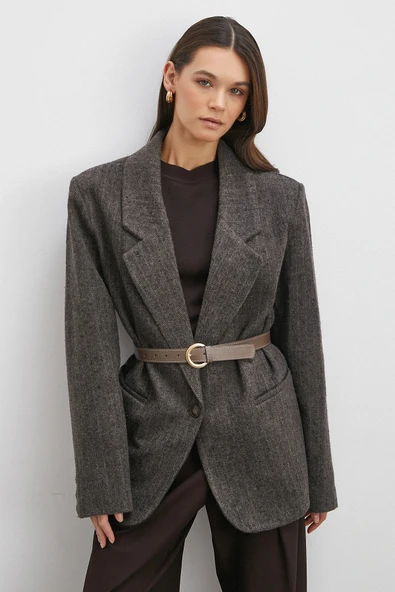 Çizgi Detaylı Kemerli Kaşe Ceket Kahve ürün görseli 1