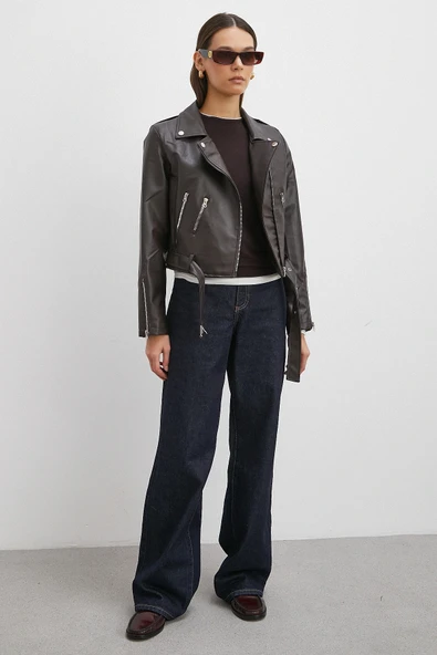 Beli Kemerli Fermuarlı Deri Ceket Kahve - Resim 2