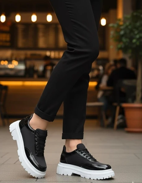 Bağcıklı Rugan Paraşüt Detaylı Yüksek Taban Siyah Erkek Ayakkabı - Resim 4