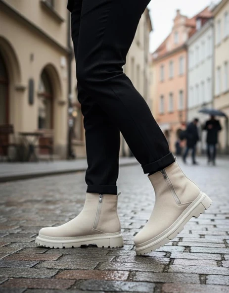 Süet Bej Çift Fermuarlı Erkek Yarım Bilek Bot - Resim 2