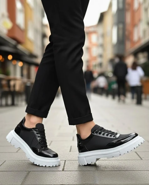 Bağcıklı Rugan Paraşüt Detaylı Yüksek Taban Siyah Erkek Ayakkabı ürün görseli