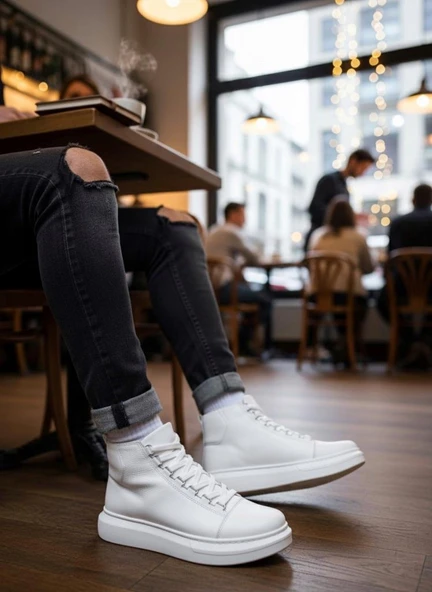 BA0713 Bağcıklı Beyaz Yüksek Taban Erkek Tarz Spor Bot - Resim 4