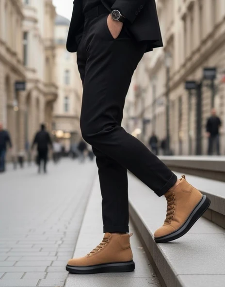 Bağcıklı Yüksek Taba Süet Siyah Taban Erkek Tarz Spor Bot - Resim 2