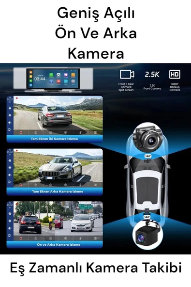 RabbitTech Carplay  Android Uyumlu 10.2 İnç Büyük Ekran Tak Çalıştır 4K Ön/Arka Çift Kameralı Araç Ekranı - Resim 4