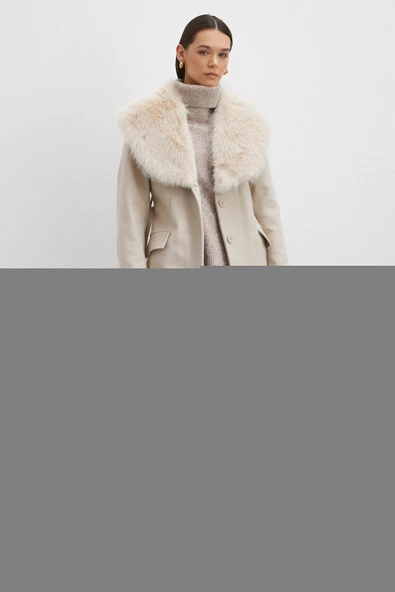 Kürk Yaka Kuşaklı Kaşe Kaban Bej - Resim 2