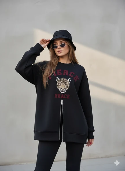 Fermuarlı Leopar Baskılı Oversize Siyah Sweat - Resim 8