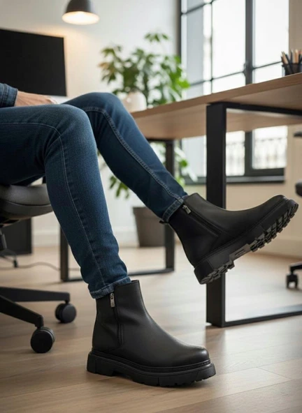 Siyah Çift Fermuarlı Erkek Yarım Bilek Bot - Resim 3