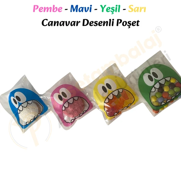 250 Adet 4 Renkli Canavar Desenli Cake Pop & Kurabiye Poşeti - 10x15 cm - Resim 8
