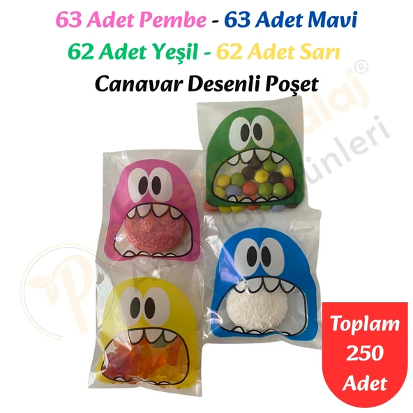 250 Adet 4 Renkli Canavar Desenli Cake Pop & Kurabiye Poşeti - 10x15 cm ürün görseli 1