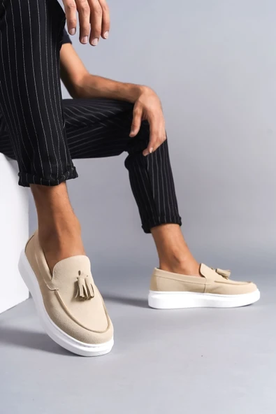 SLW154 Blaze Bağcıksız Püsküllü Süet Erkek Günlük Spor Klasik Ayakkabı SBT - Krem ürün görseli 1