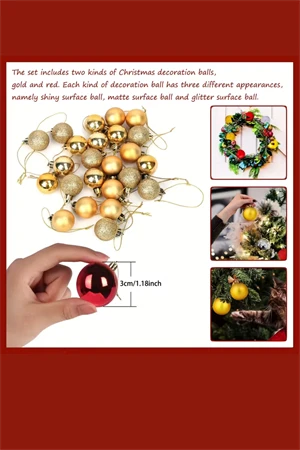 48 Parça Noel Ağacı Süs Seti | Kırmızı & Altın İki Tonlu Plastik Yılbaşı Topları | Çiçek Desenli Dekoratif Süsler | Kış & Tatil Temalı Asma Aksesuarları - Resim 2
