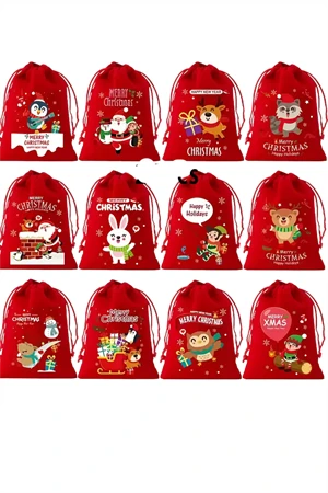 Noel Flanel Çekmeli Hediye Torbası – Küçük Flanel Poşet | Şapkalı Geyik, Penguen, Baykuş, Santa Claus ve Kaykaylı Kar Araba Desenli | Rastgele Model (1 Adet) ürün görseli 1