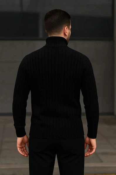 Erkek Fitilli Triko Kazak 2'li Set Beyaz Siyah Regular Balıkcı Yaka Tam Boğazlı Triko Seti Modeli Kazak - Resim 4