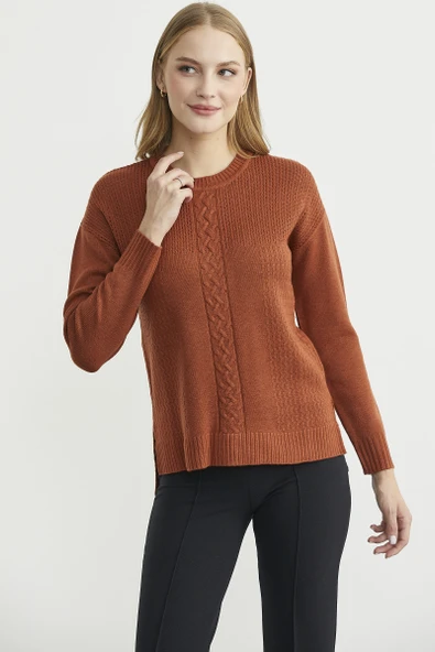 Motifli Arkası Uzun Triko Kazak - Kiremit - Resim 3