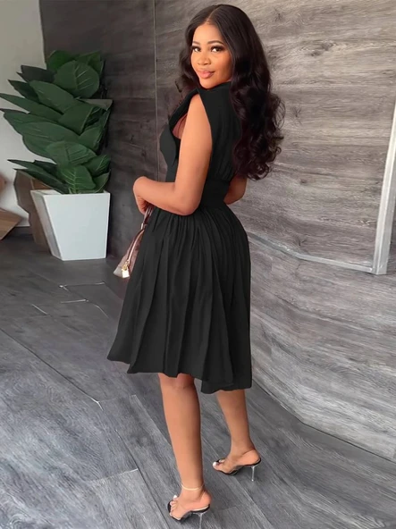 MDB Kadın Yakalı Belden Oturmalı önden Büzgülü Dokuma Mini Elbise - Resim 2