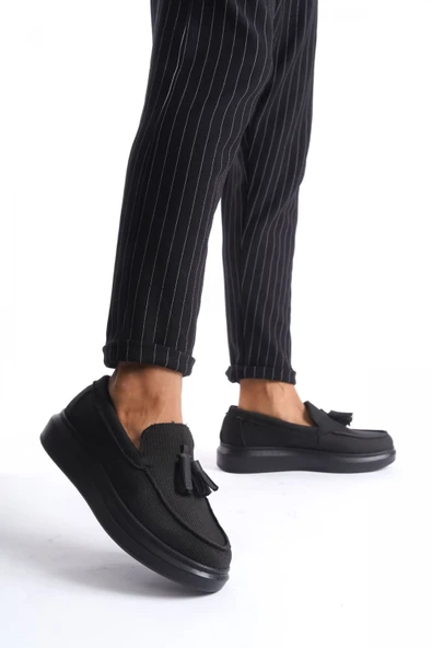 SLW154 Blaze Bağcıksız Püsküllü Keten Erkek Günlük Spor Klasik Ayakkabı KST - Siyah ürün görseli