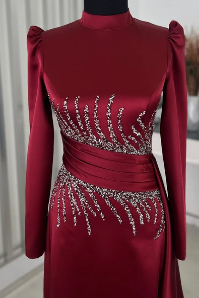 Ceyla Kuyruklu Tesettür Abiye Bordo - Resim 3